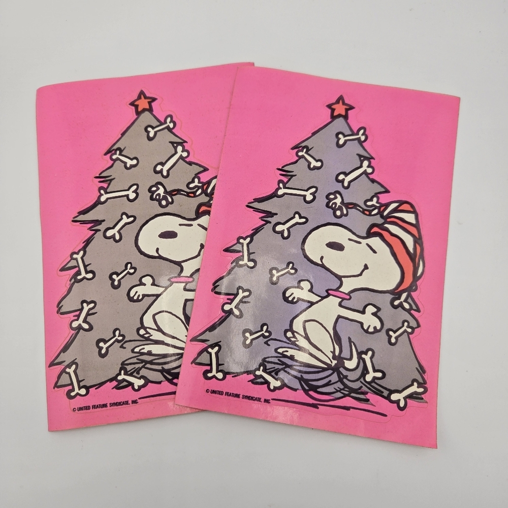 2 Vtg Large Snoopy Sticker HTF PEANUTS Christmas Tree Dog Bones